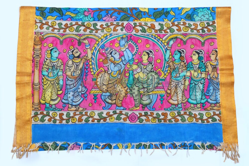 Blue hand painted pen kalamkari Chanderi Silk Cotton Dupatta