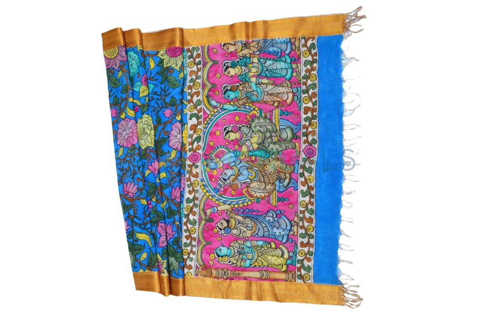 Blue hand painted pen kalamkari Chanderi Silk Cotton Dupatta - Image 2