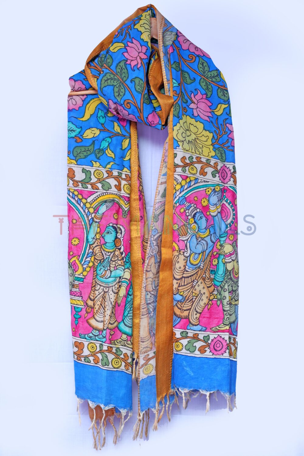 Blue hand painted pen kalamkari Chanderi Silk Cotton Dupatta - Image 3