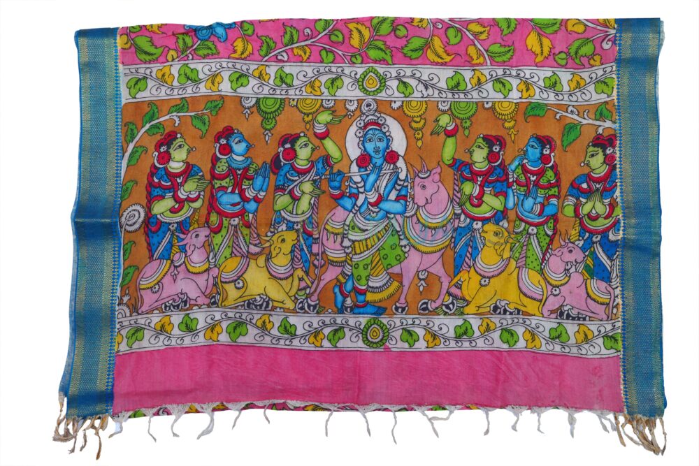 Orange hand painted pen kalamakari Chanderi Silk cotton Duppatta