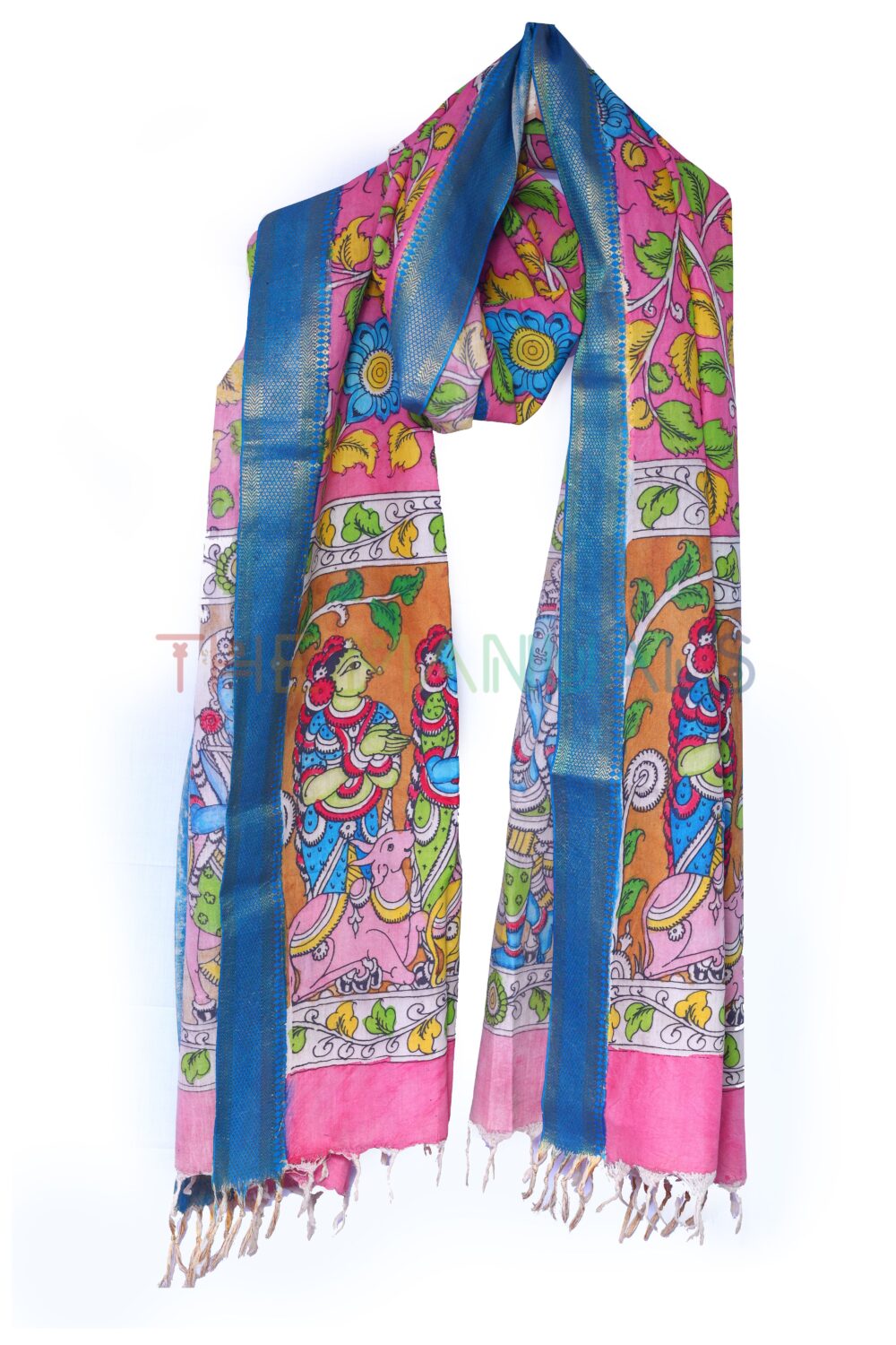 Orange hand painted pen kalamakari Chanderi Silk cotton Duppatta - Image 3