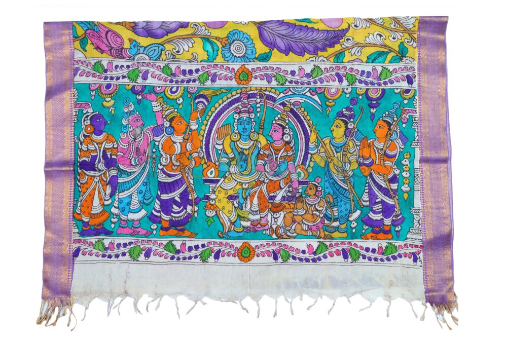 Yellow hand painted pen kalamkari Chanderi Silk cotton Duppatta