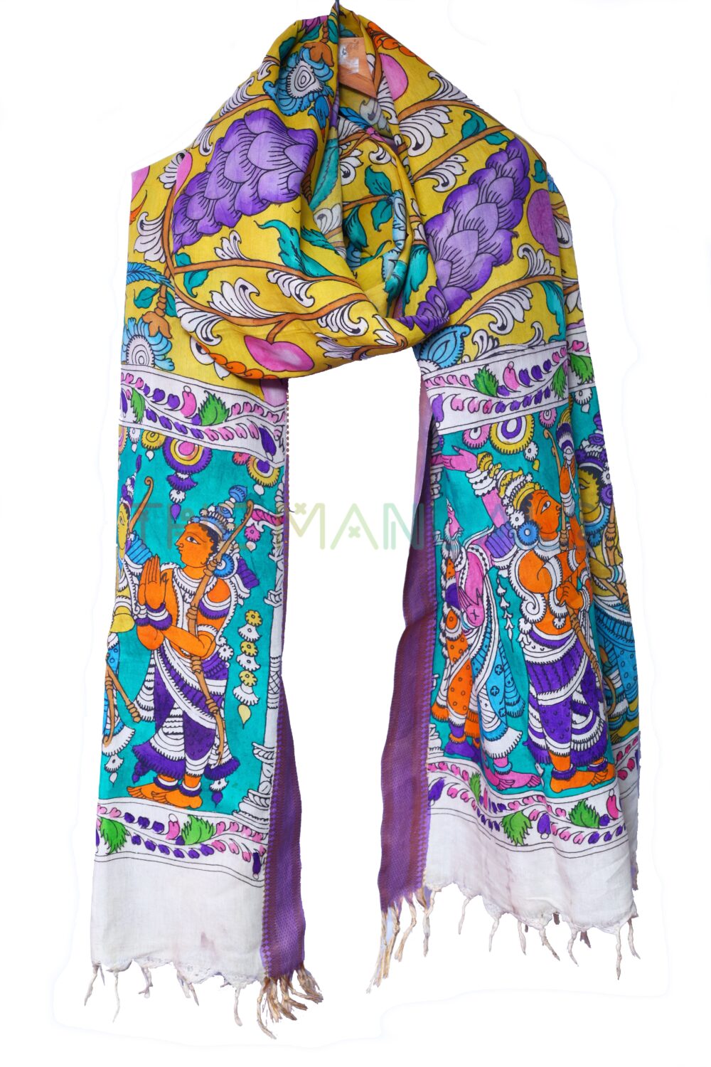 Yellow hand painted pen kalamkari Chanderi Silk cotton Duppatta - Image 3