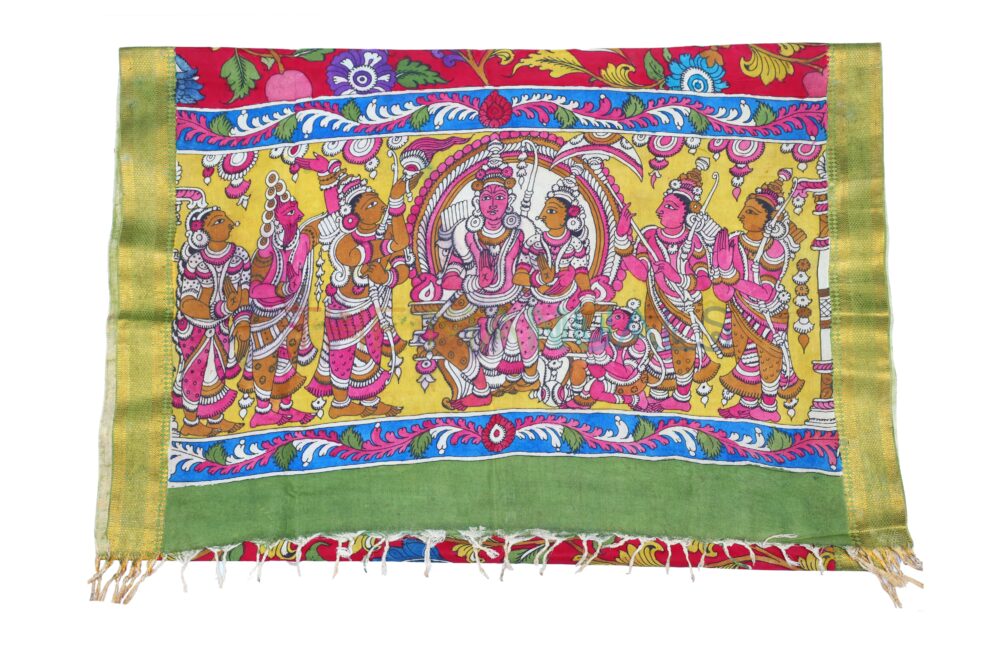 Red hand painted pen kalamakari Chanderi Silk cotton Duppatta