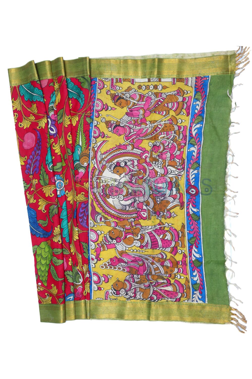 Red hand painted pen kalamakari Chanderi Silk cotton Duppatta - Image 2