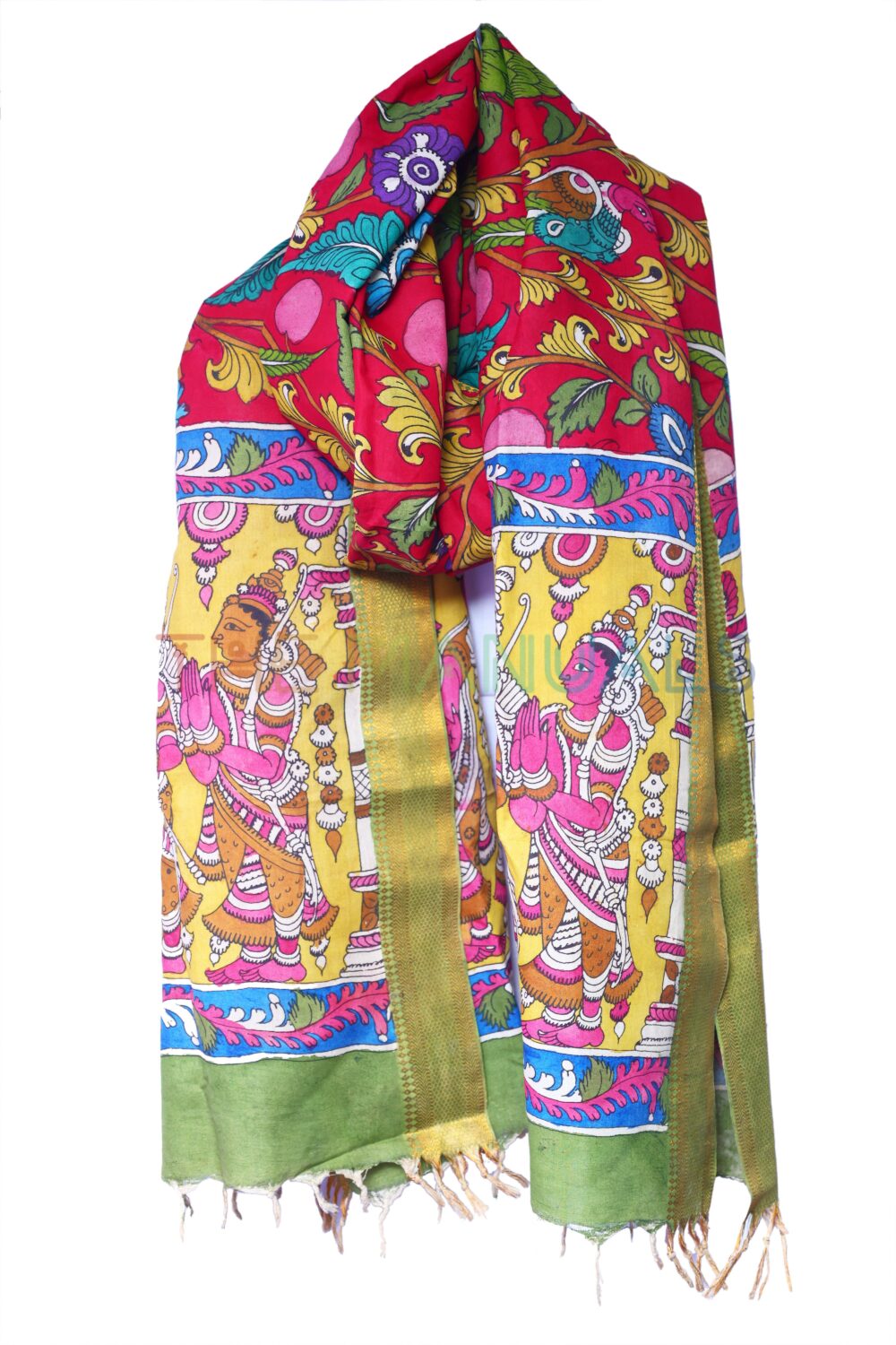 Red hand painted pen kalamakari Chanderi Silk cotton Duppatta - Image 3
