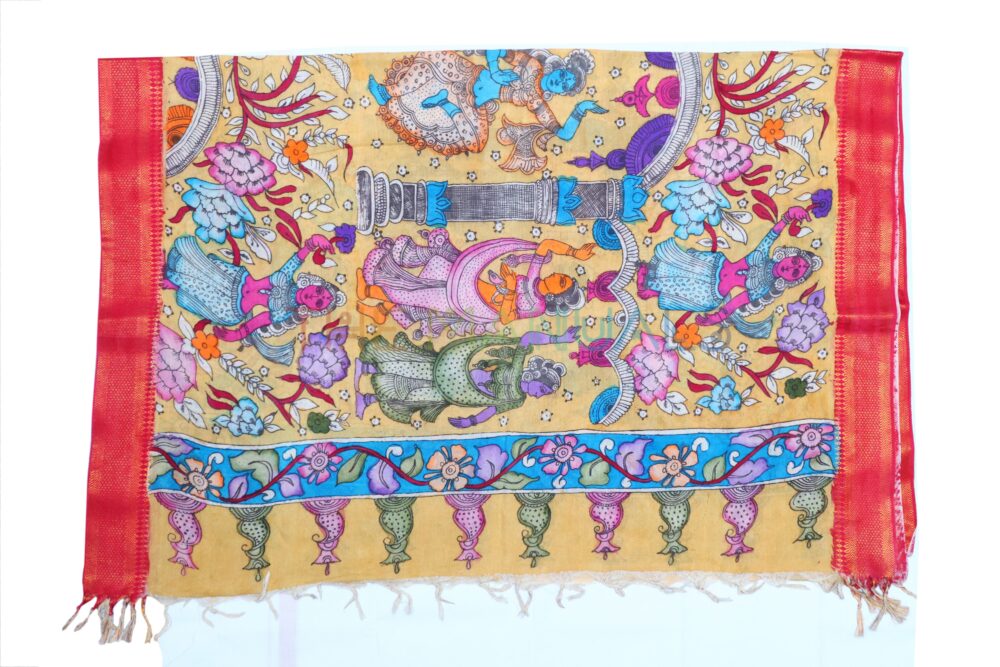 Yellow hand painted pen kalamakari Chanderi Silk cotton Duppatta