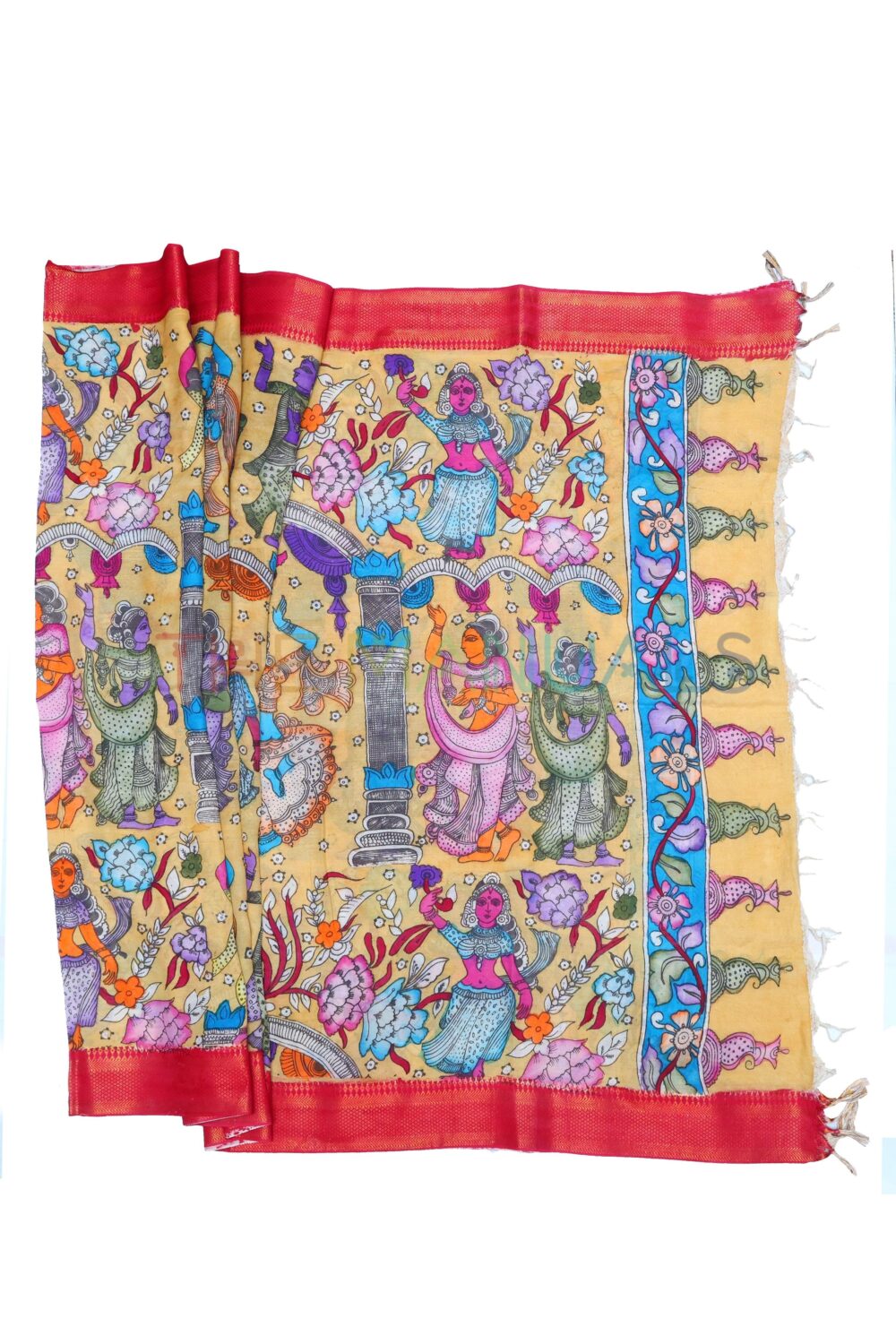 Yellow hand painted pen kalamakari Chanderi Silk cotton Duppatta - Image 2