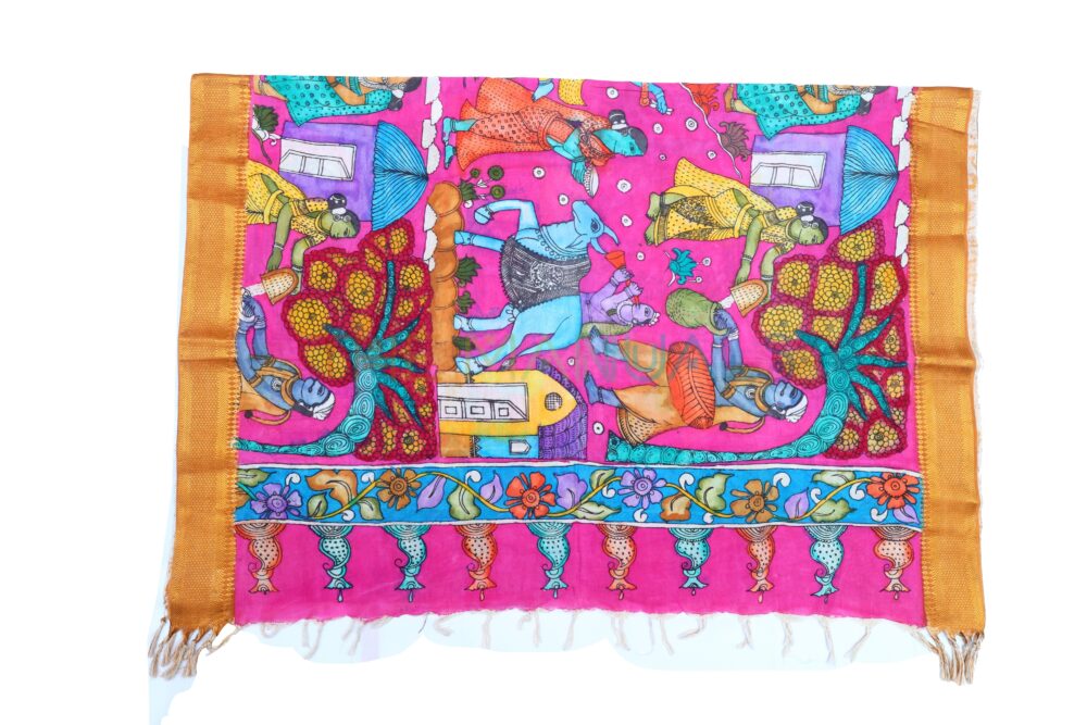 Pink hand painted pen kalamakari Chanderi Silk cotton Duppatta