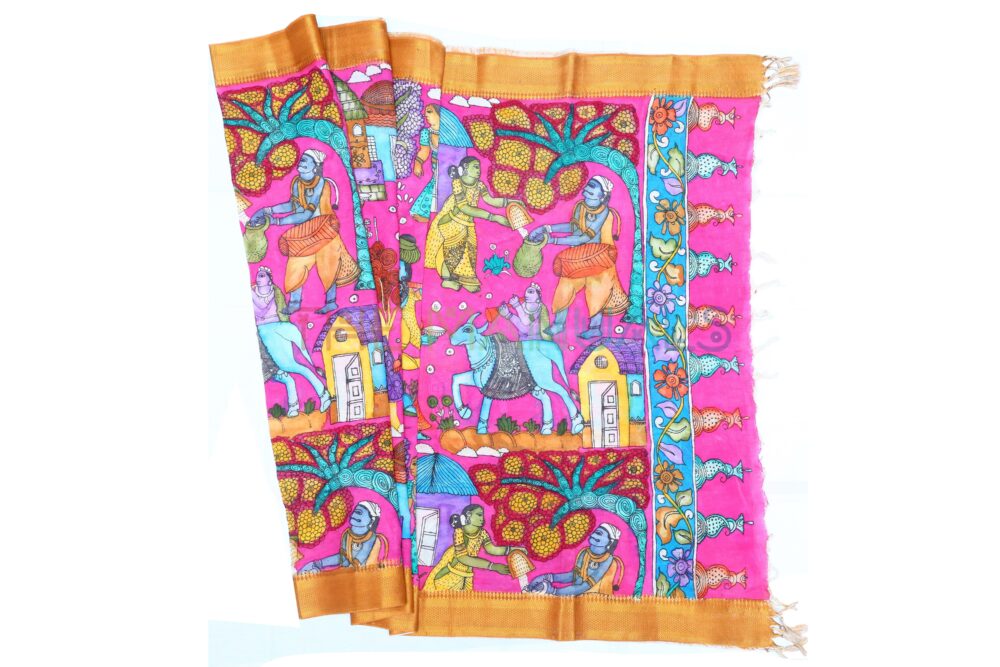 Pink hand painted pen kalamakari Chanderi Silk cotton Duppatta - Image 2