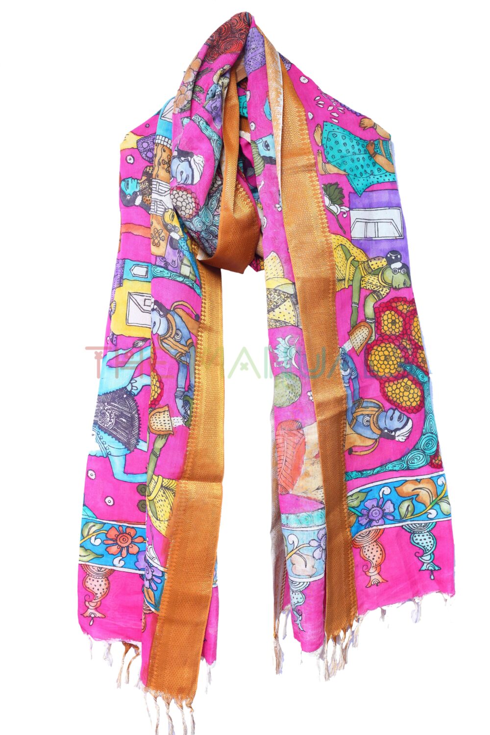 Pink hand painted pen kalamakari Chanderi Silk cotton Duppatta - Image 3