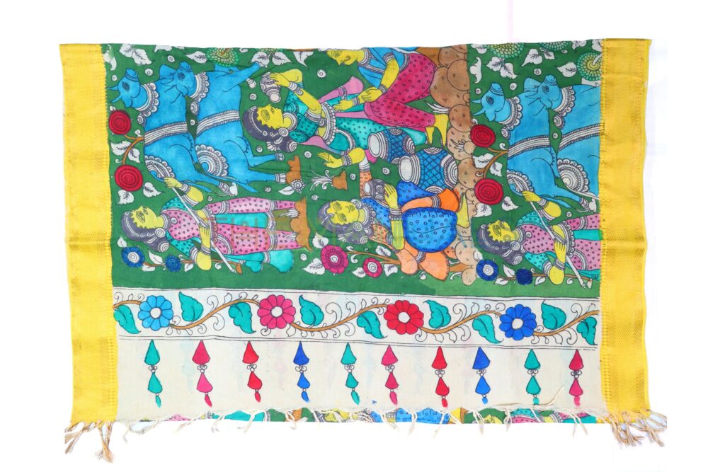 Green hand painted pen kalamakari Chanderi Silk cotton Duppatta