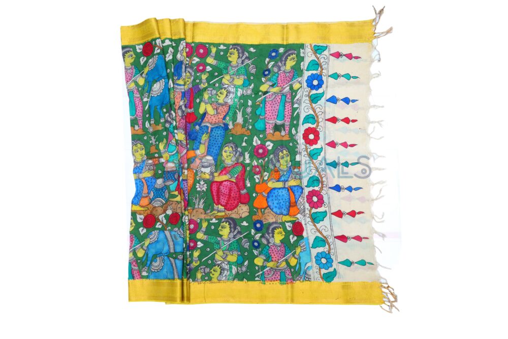 Green hand painted pen kalamakari Chanderi Silk cotton Duppatta - Image 2