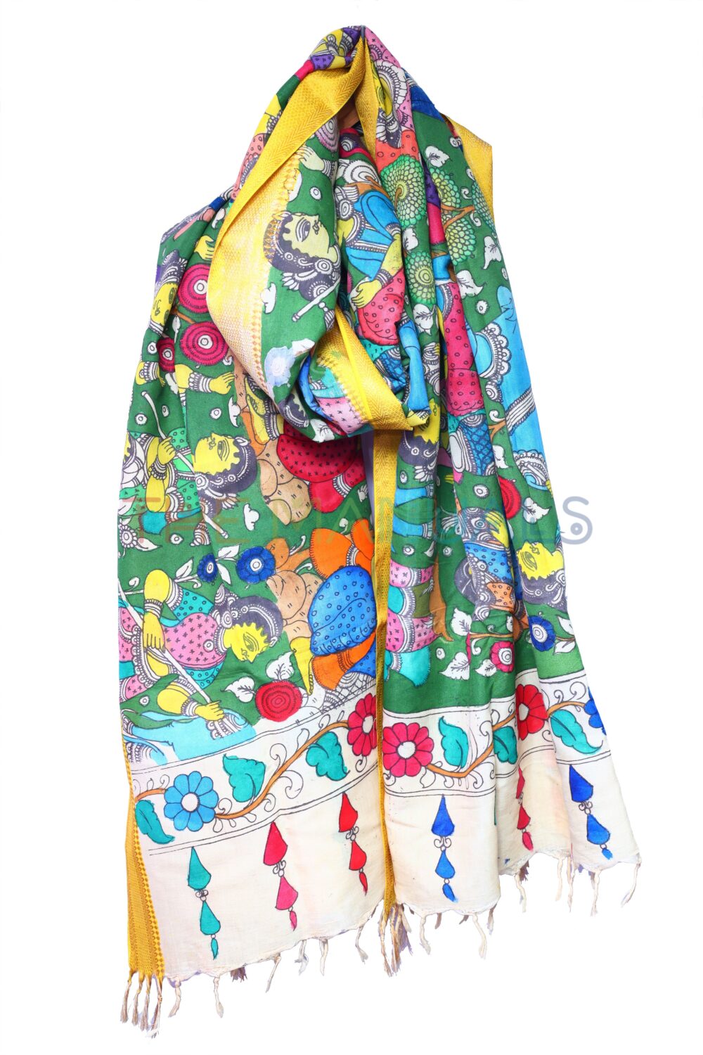 Green hand painted pen kalamakari Chanderi Silk cotton Duppatta - Image 3