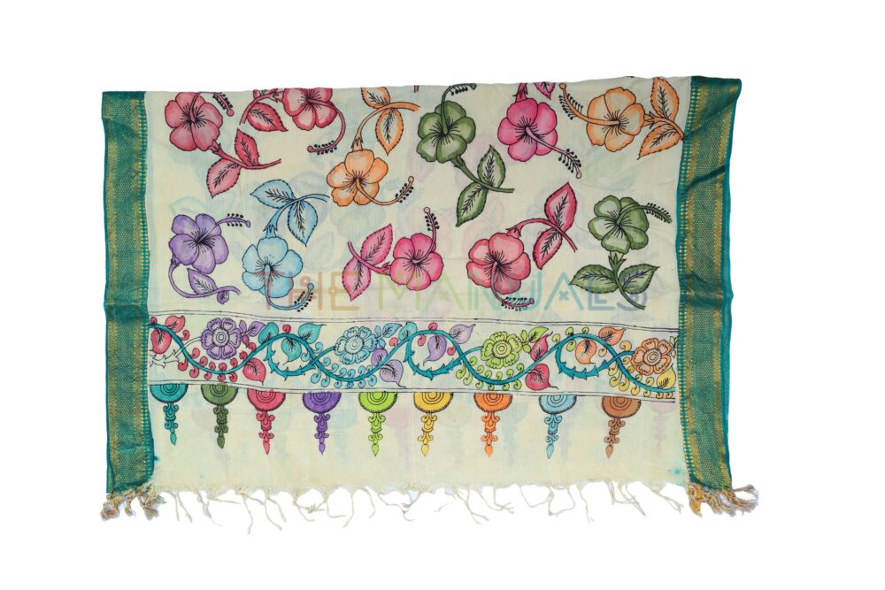 Light yellow hand painted pen kalamakari Chanderi Silk cotton Duppatta