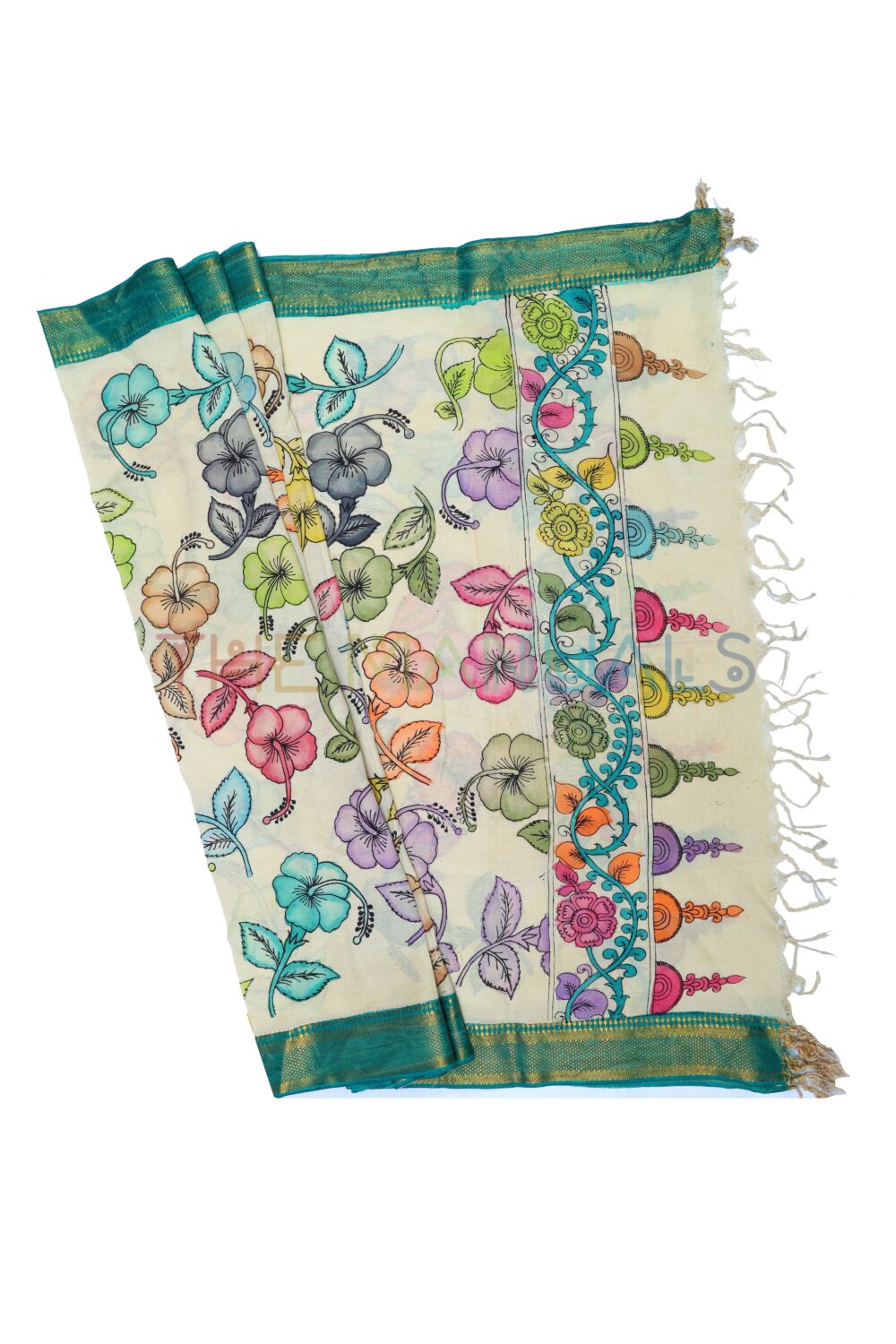 Light yellow hand painted pen kalamakari Chanderi Silk cotton Duppatta - Image 2