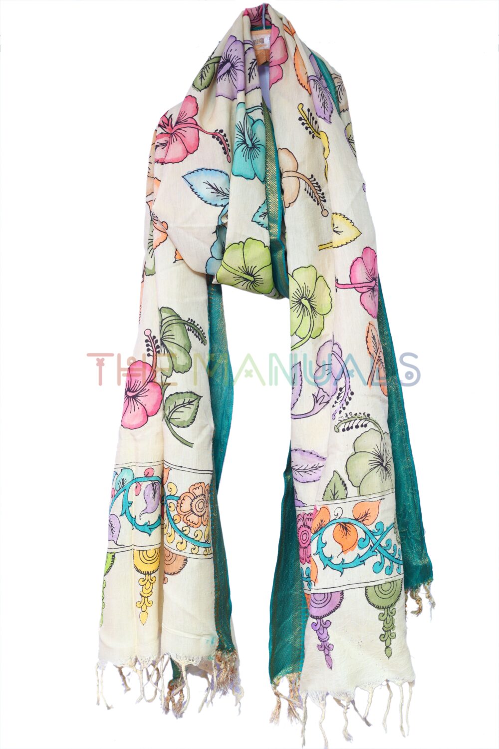 Light yellow hand painted pen kalamakari Chanderi Silk cotton Duppatta - Image 3