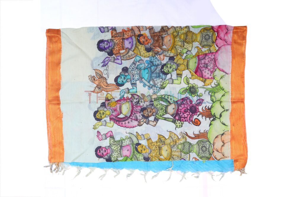 Light yellow hand painted pen kalamakari Chanderi Silk cotton Duppatta
