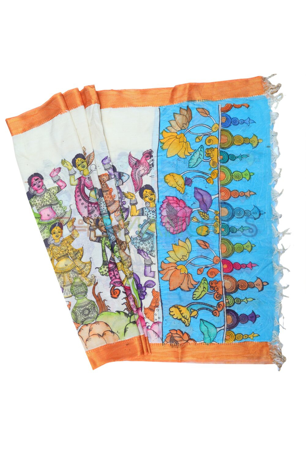Light yellow hand painted pen kalamakari Chanderi Silk cotton Duppatta - Image 2