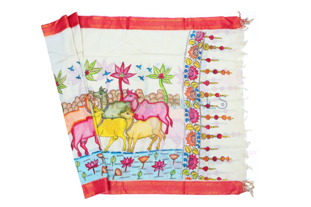 Off-white hand painted pen kalamakari Chanderi Silk cotton Duppatta - Image 2