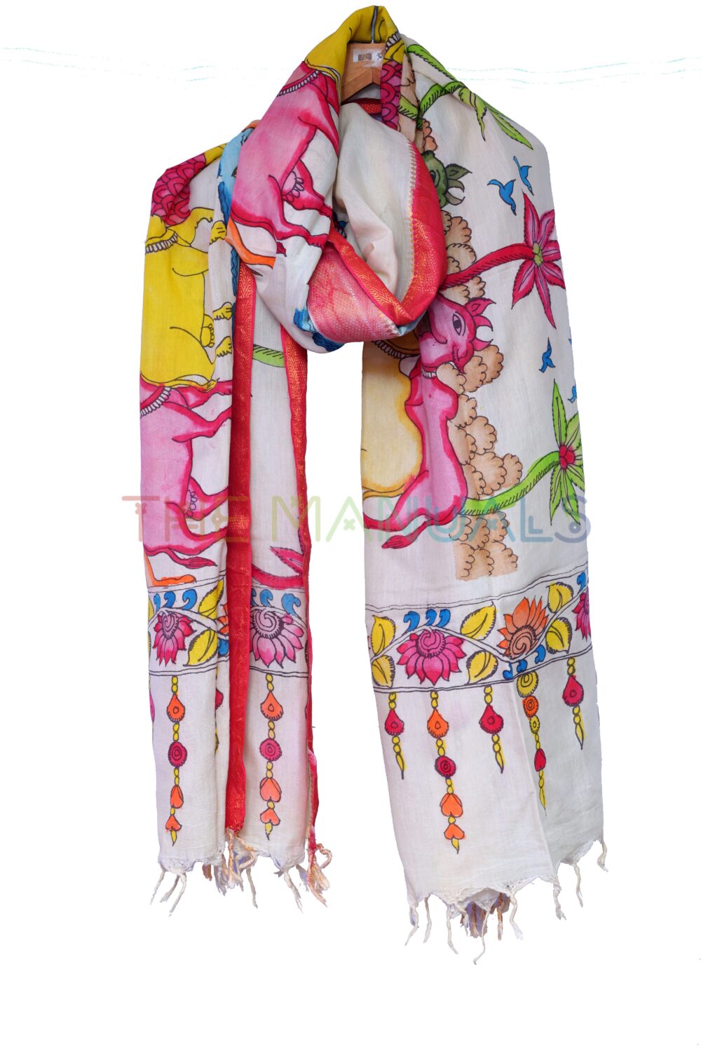 Off-white hand painted pen kalamakari Chanderi Silk cotton Duppatta - Image 3