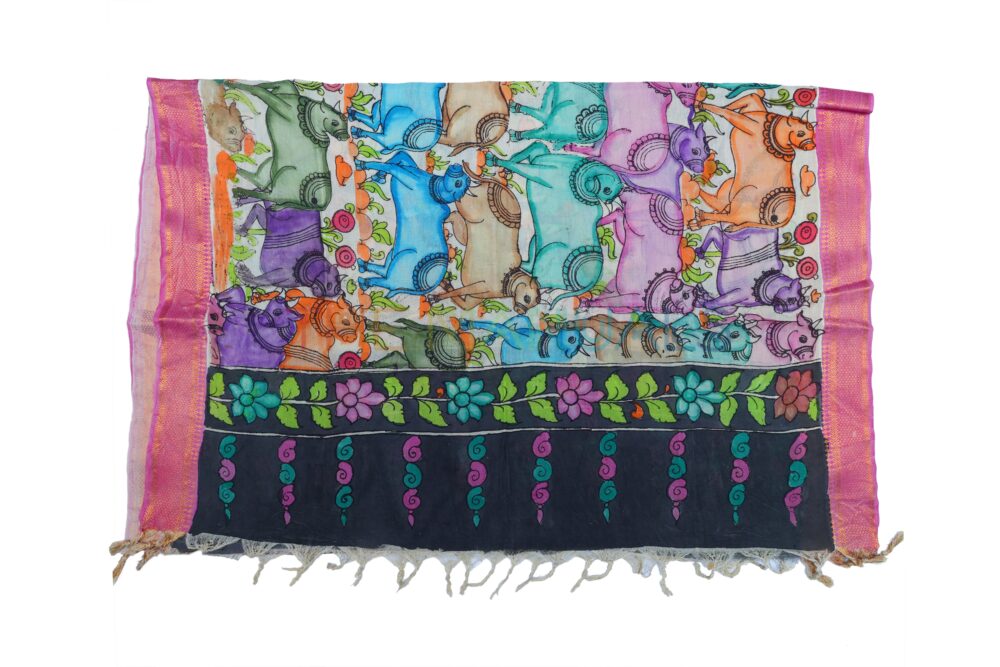 Off-white hand painted pen kalamakari Chanderi Silk cotton Duppatta