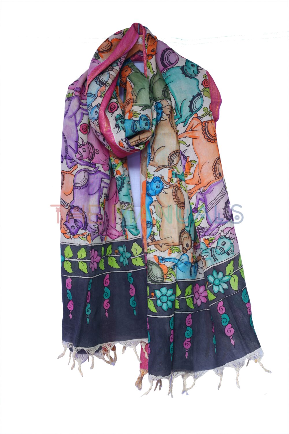 Off-white hand painted pen kalamakari Chanderi Silk cotton Duppatta - Image 3