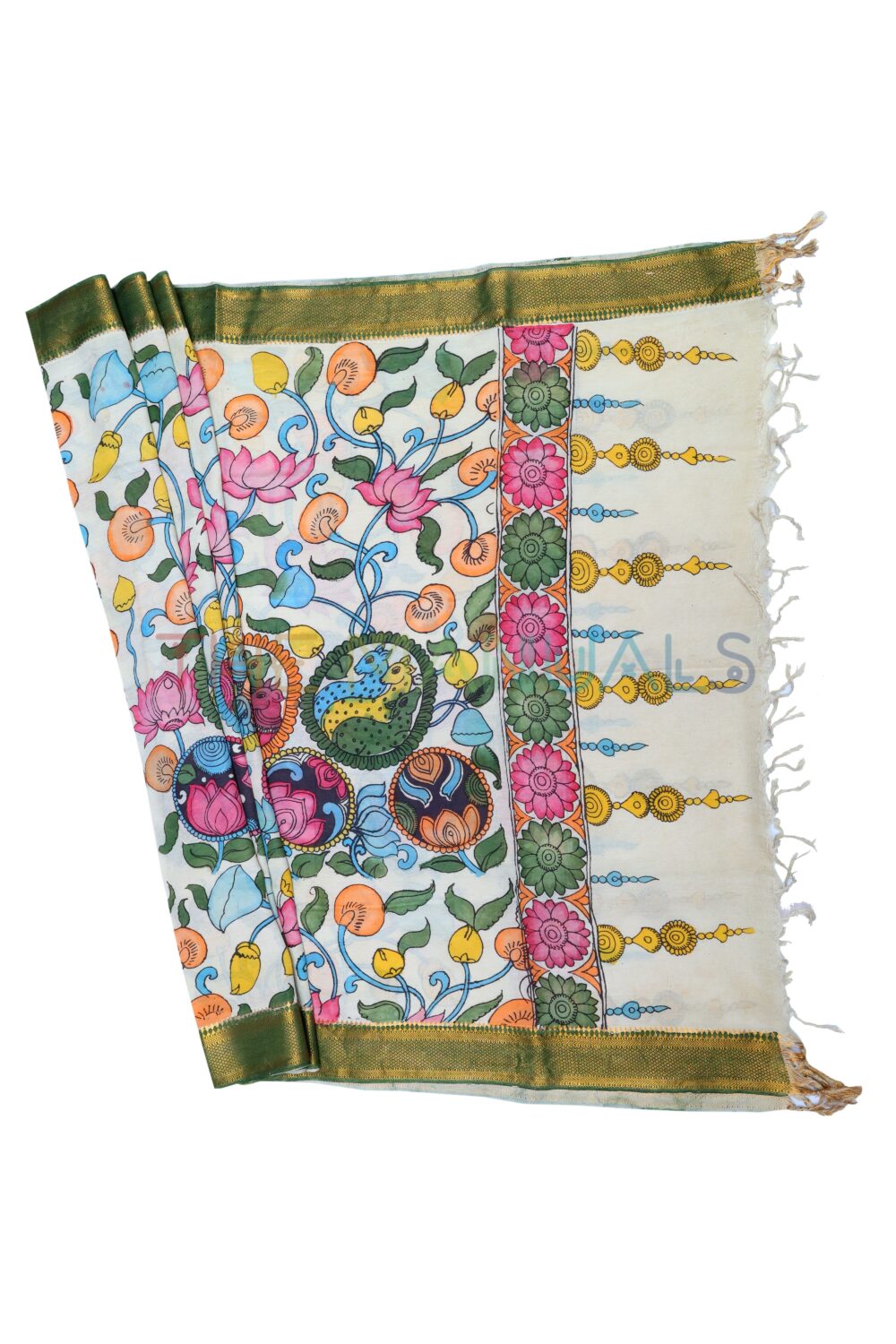 Off-white hand painted pen kalamakari Chanderi Silk cotton Duppatta - Image 2