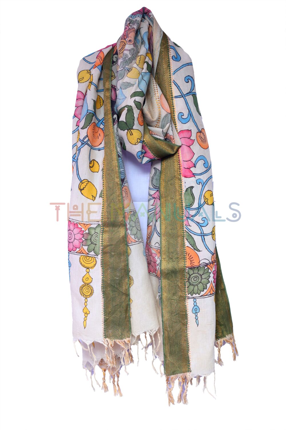 Off-white hand painted pen kalamakari Chanderi Silk cotton Duppatta - Image 3