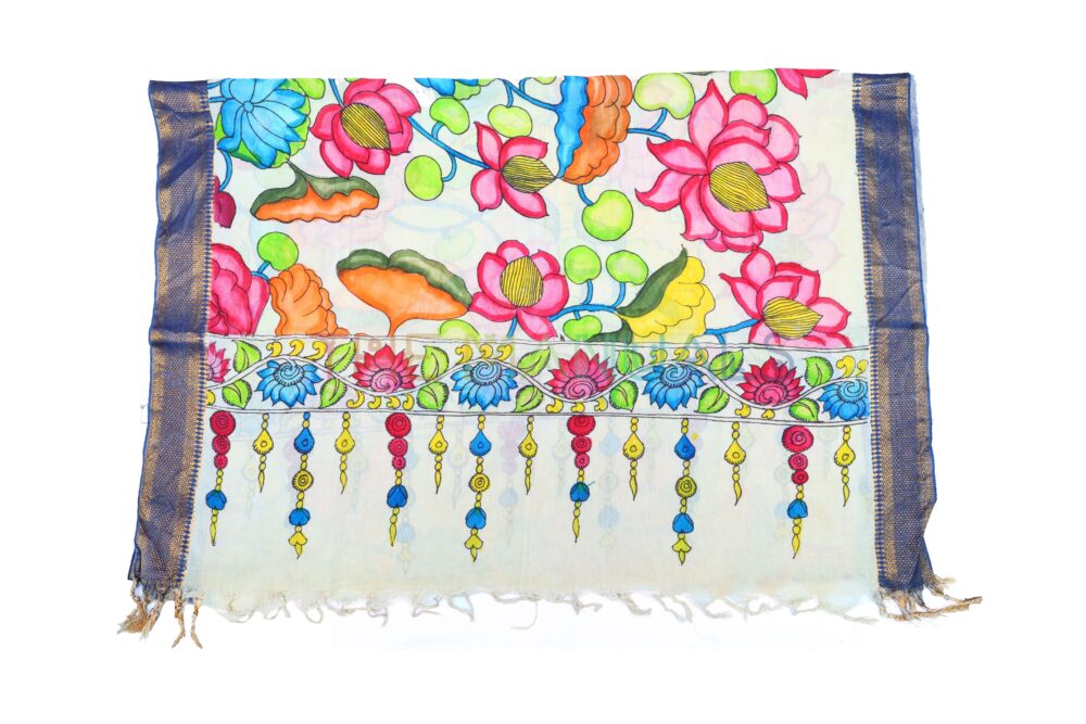 Off-white hand painted pen kalamakari Chanderi Silk cotton Duppatta