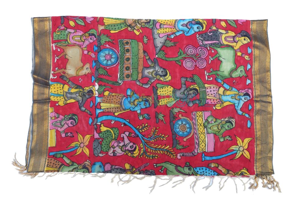 Red hand painted pen kalamakari Chanderi Silk cotton Duppatta