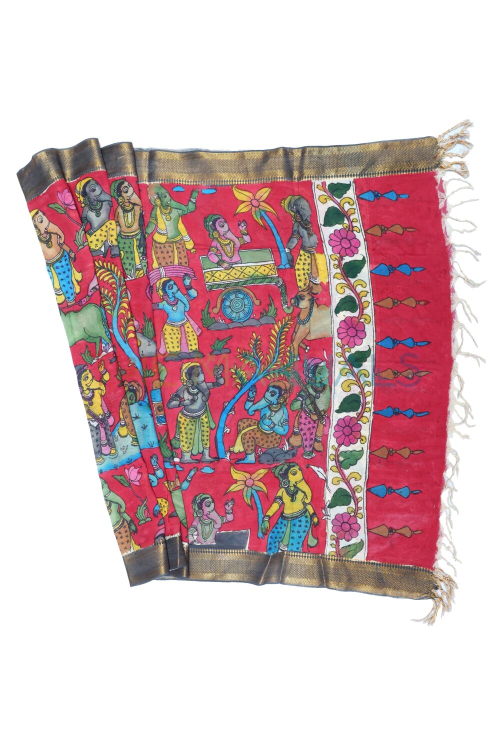 Red hand painted pen kalamakari Chanderi Silk cotton Duppatta - Image 2