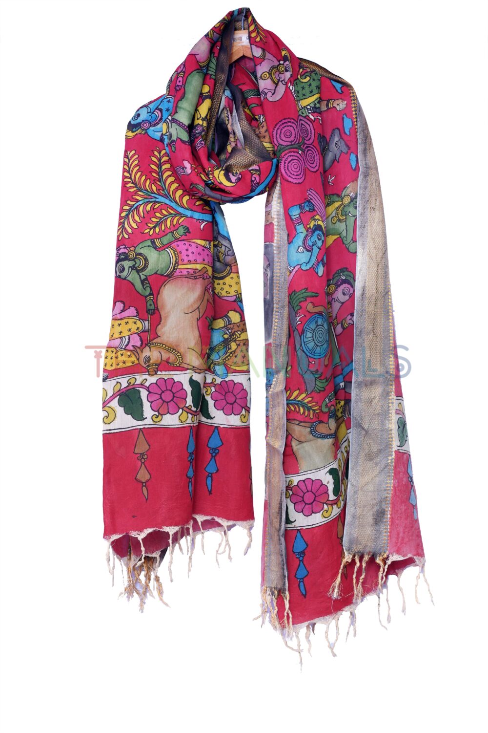 Red hand painted pen kalamakari Chanderi Silk cotton Duppatta - Image 3