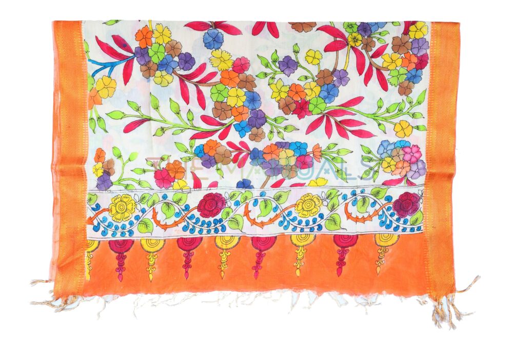Off-white hand painted pen kalamakari Chanderi Silk cotton Duppatta