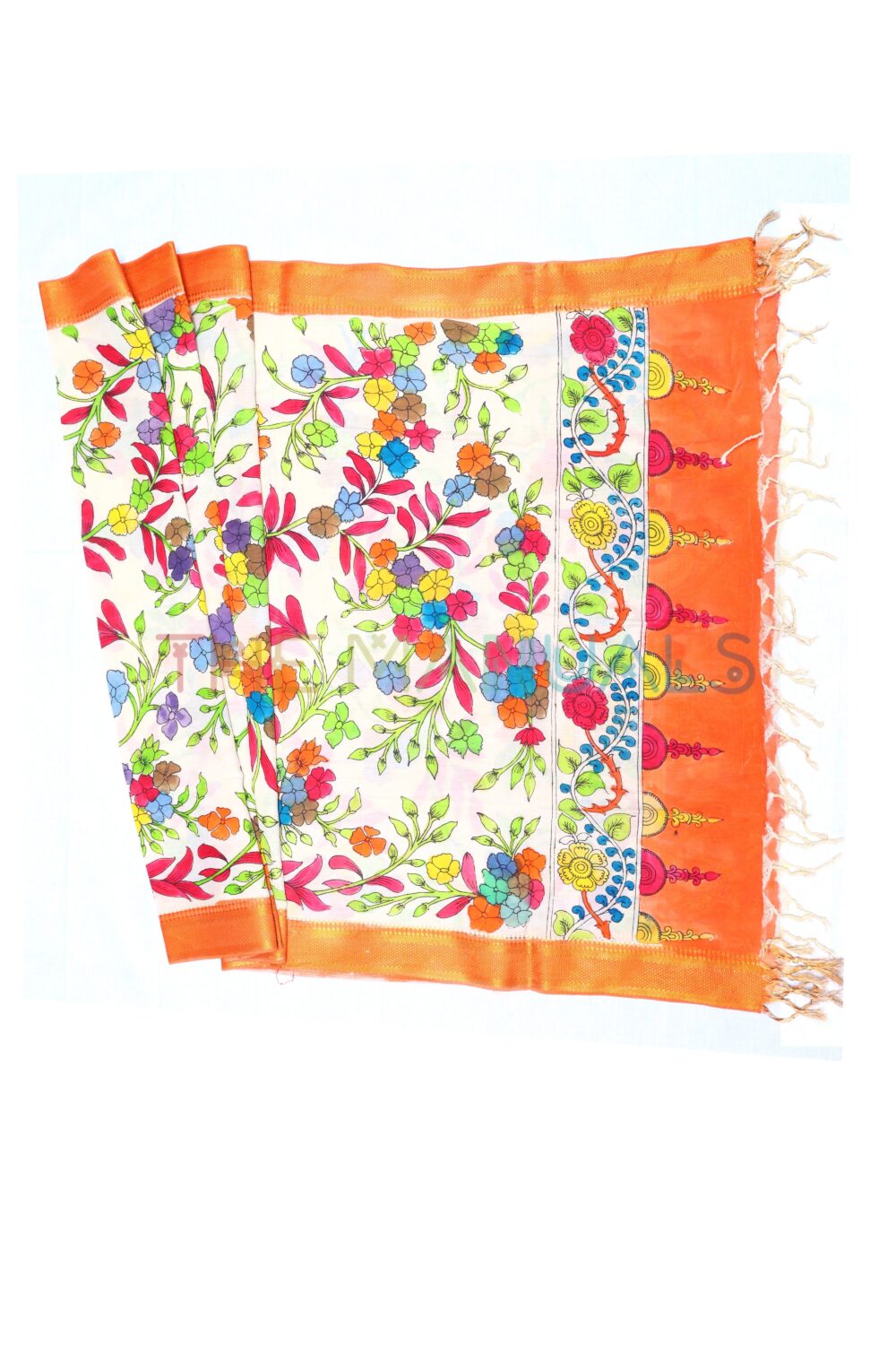 Off-white hand painted pen kalamakari Chanderi Silk cotton Duppatta - Image 2