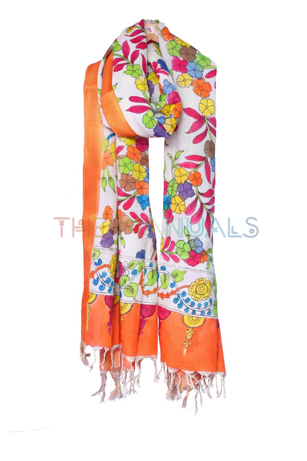 Off-white hand painted pen kalamakari Chanderi Silk cotton Duppatta - Image 3