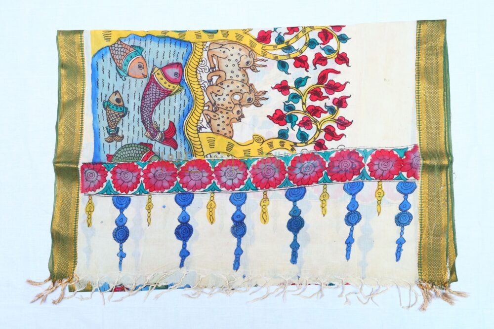 Off-white and blue hand painted pen kalamakari Chanderi Silk cotton Duppatta