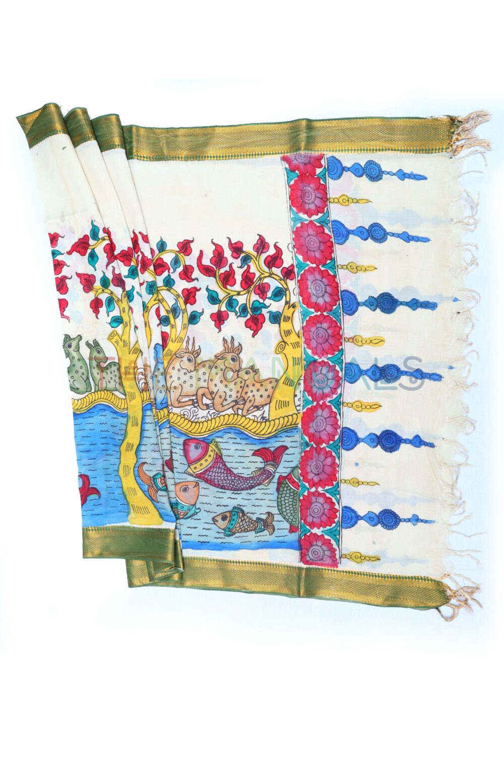 Off-white and blue hand painted pen kalamakari Chanderi Silk cotton Duppatta - Image 2