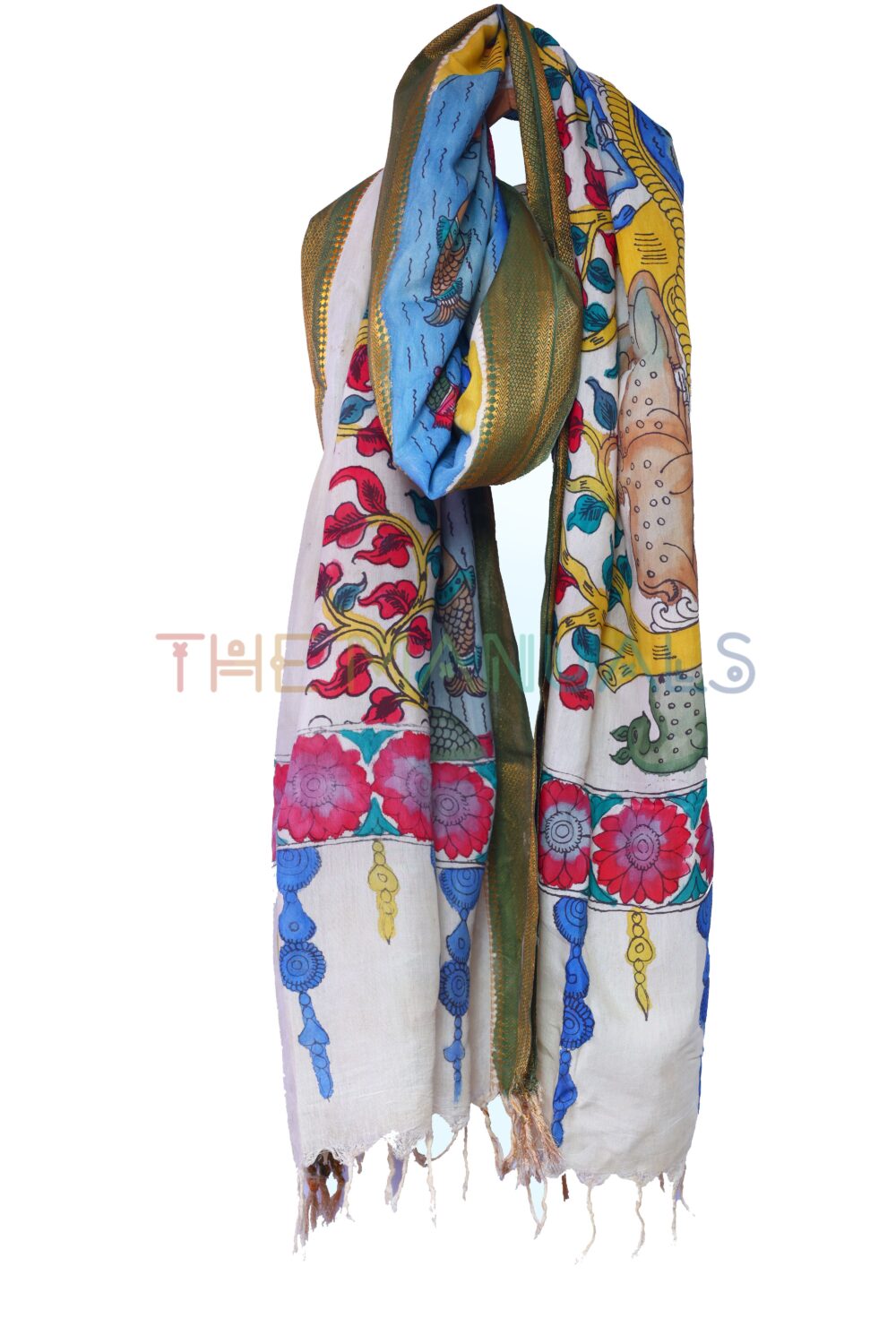 Off-white and blue hand painted pen kalamakari Chanderi Silk cotton Duppatta - Image 3