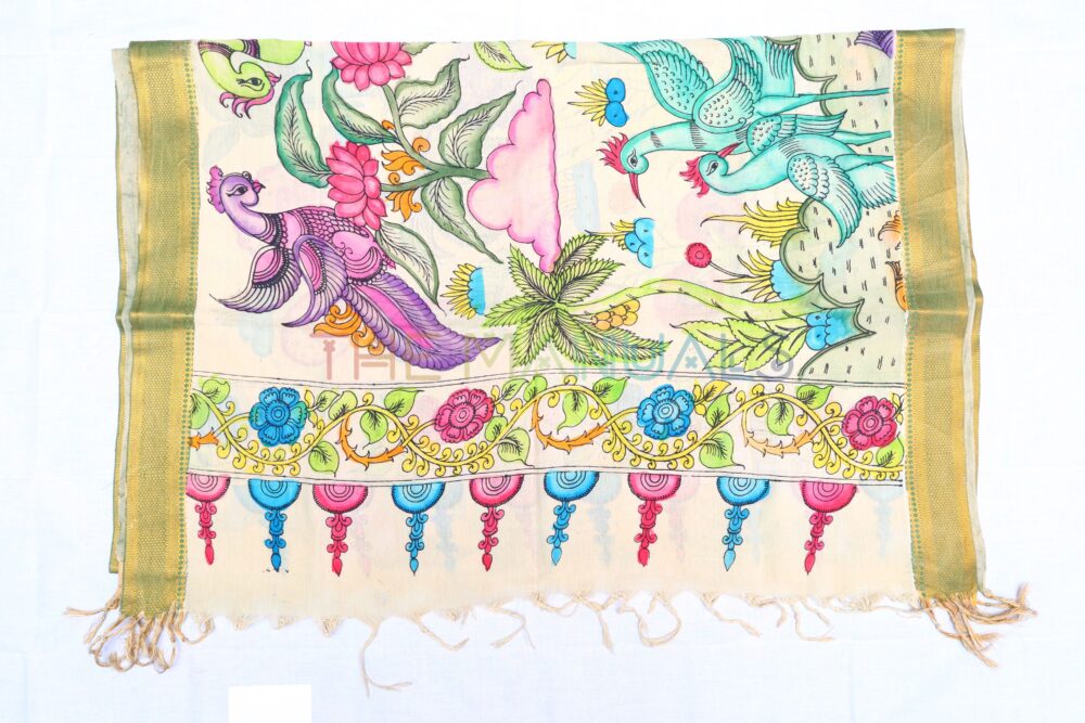 Off-white hand painted pen kalamakari Chanderi Silk cotton Duppatta