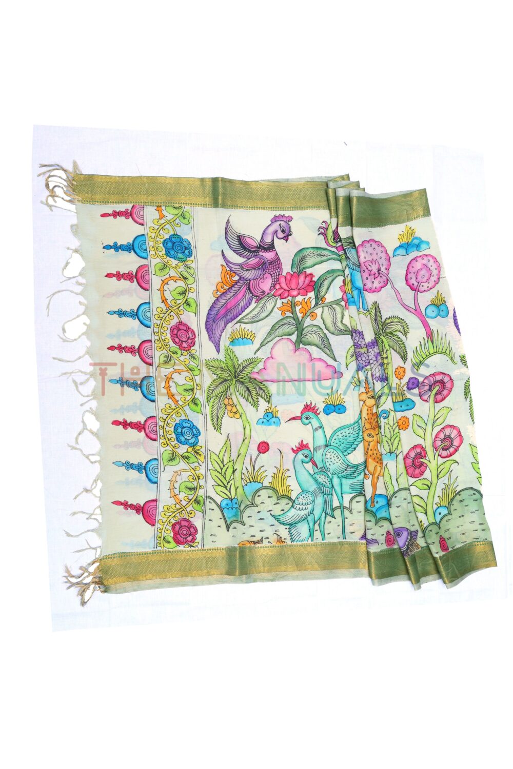 Off-white hand painted pen kalamakari Chanderi Silk cotton Duppatta - Image 2