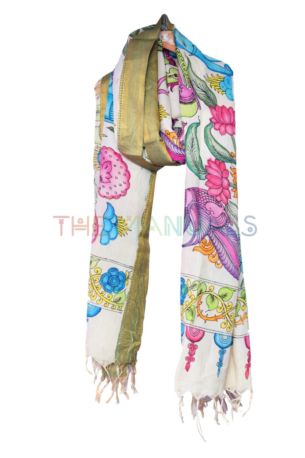 Off-white hand painted pen kalamakari Chanderi Silk cotton Duppatta - Image 3