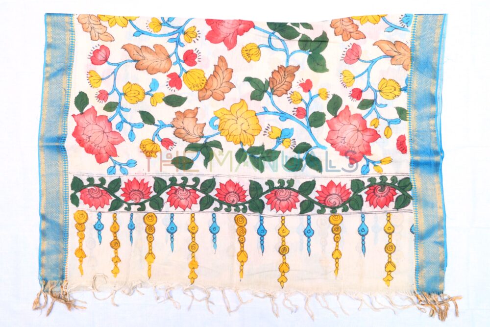 Off-white hand painted pen kalamakari Chanderi Silk cotton Duppatta