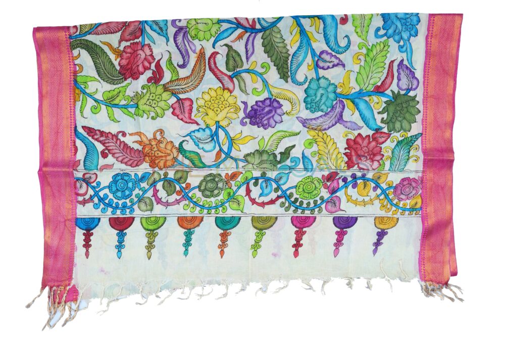 Off-white hand painted pen kalamakari Chanderi Silk cotton Duppatta