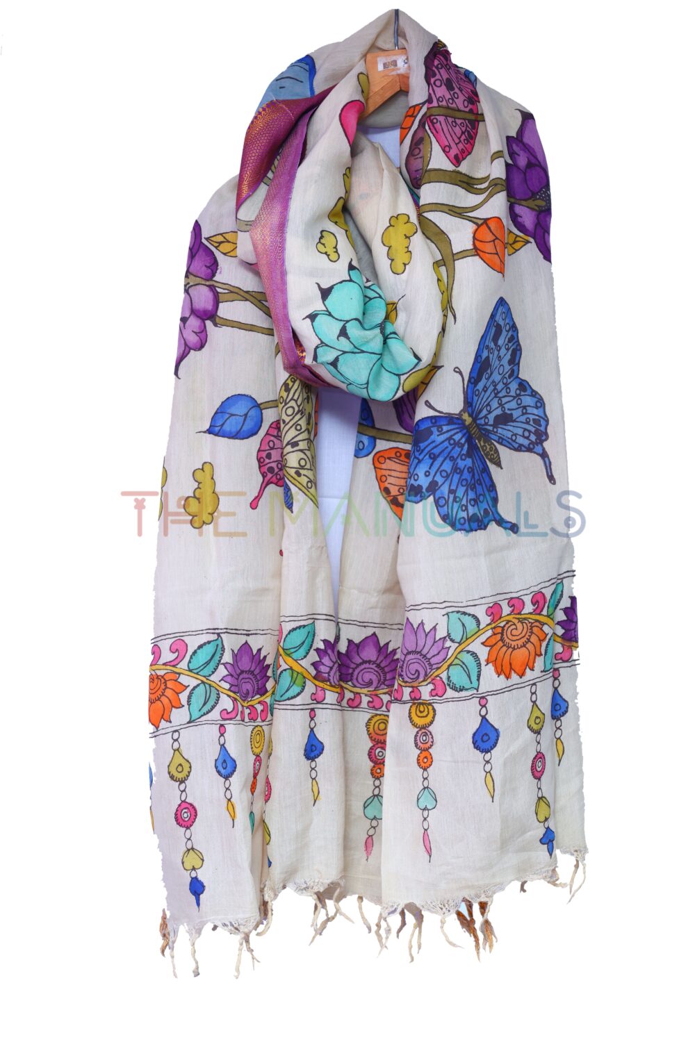 Off-white hand painted pen kalamakari Chanderi Silk cotton Duppatta - Image 3
