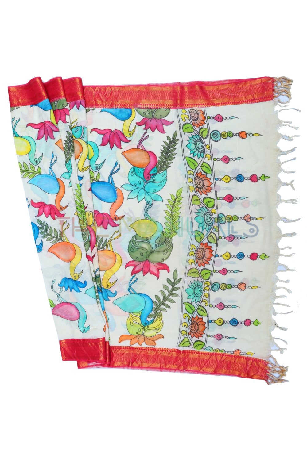 Off-white hand painted pen kalamakari Chanderi Silk cotton Duppatta - Image 2
