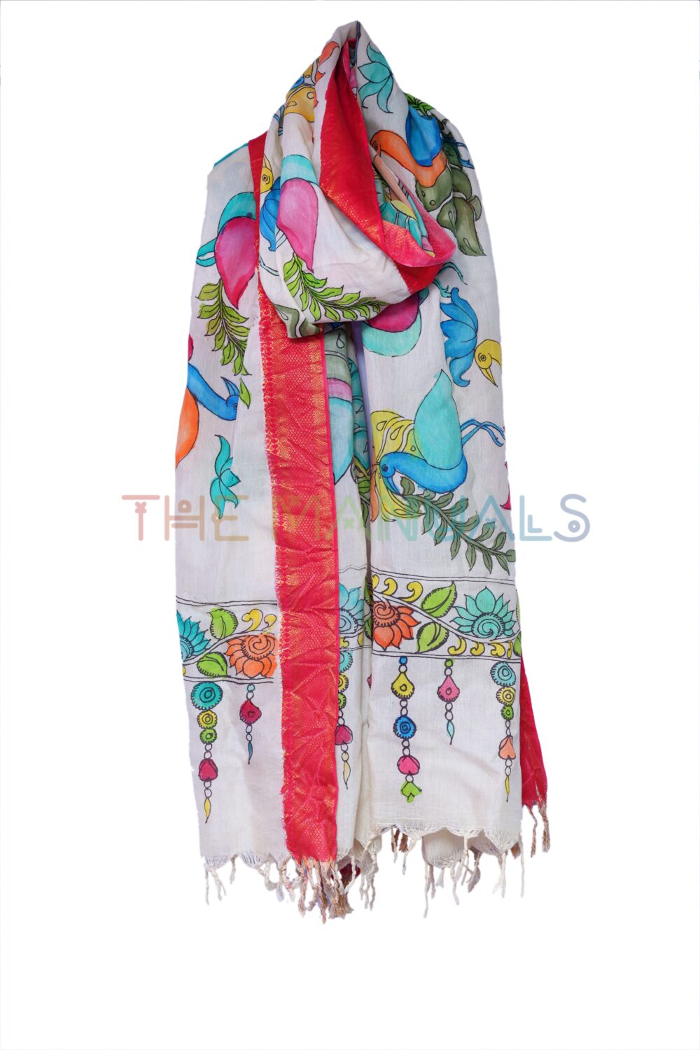 Off-white hand painted pen kalamakari Chanderi Silk cotton Duppatta - Image 3