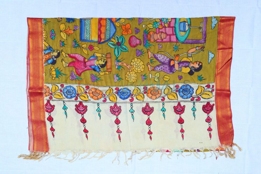 Light brown hand painted pen kalamakari Chanderi Silk cotton Duppatta