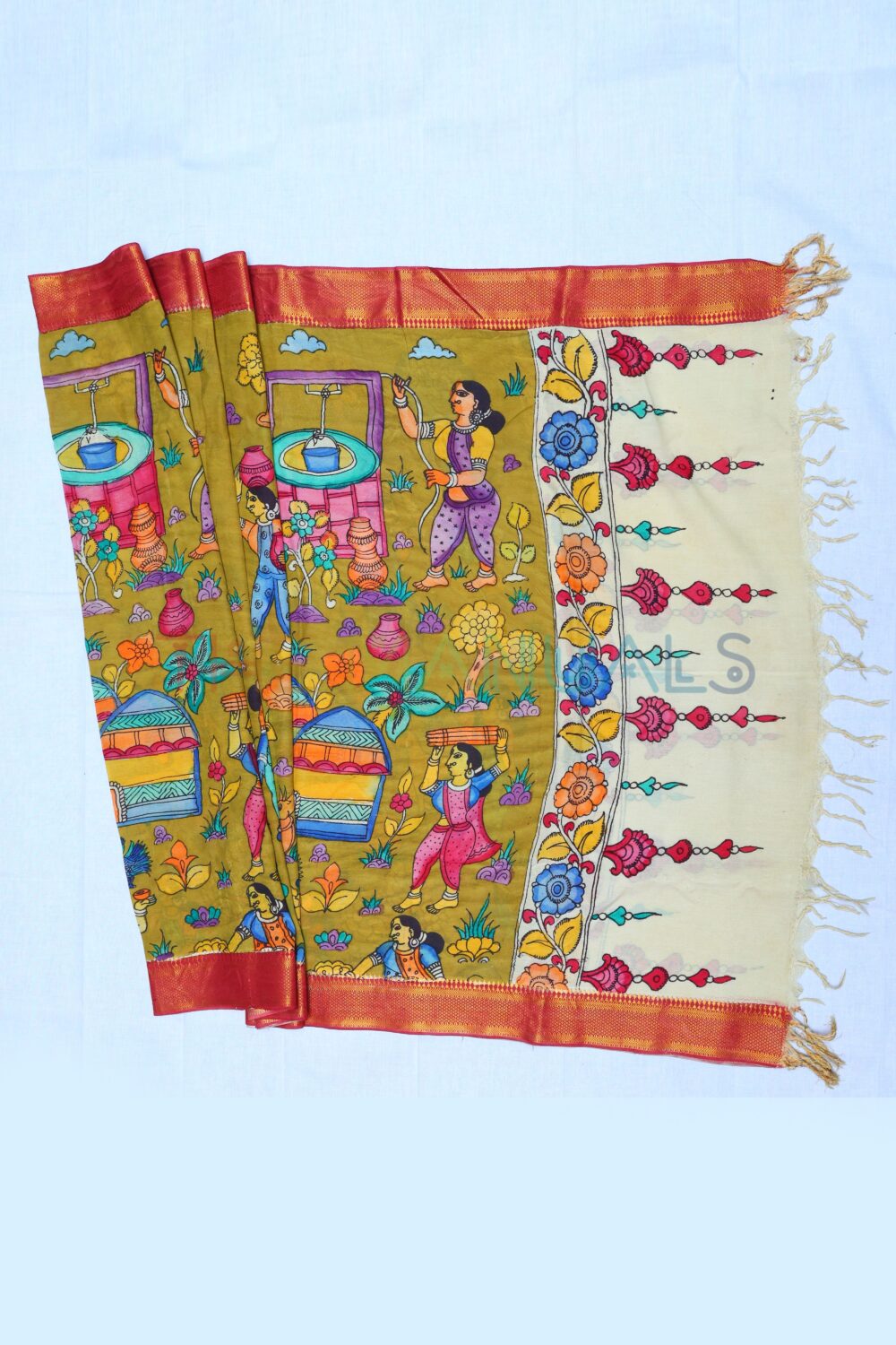 Light brown hand painted pen kalamakari Chanderi Silk cotton Duppatta - Image 2