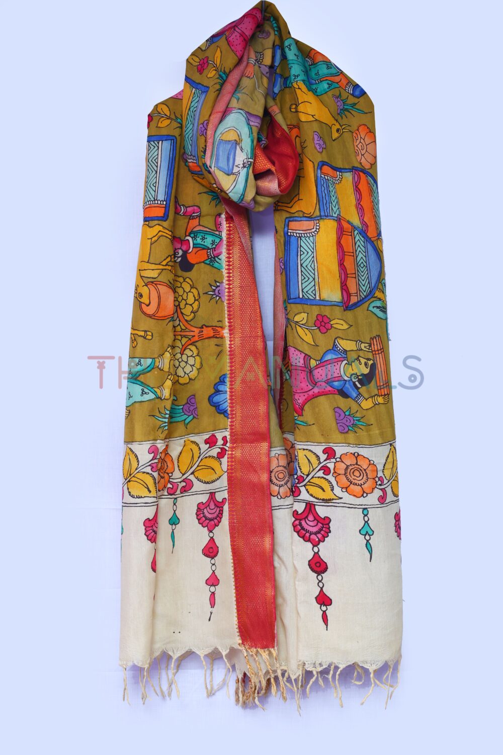 Light brown hand painted pen kalamakari Chanderi Silk cotton Duppatta - Image 3